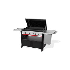 Black | Weber Slate 4 Burner Premium Griddle 36'' Image Showing Angled View Right To Left Lid Up.