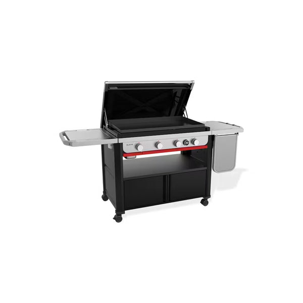 Black | Weber Slate 4 Burner Premium Griddle 36'' Image Showing Angled Side View Left To Right With The Lid Up.