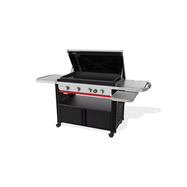 Black | Weber Slate 4 Burner Premium Griddle 36'' Image Showing Angled Front View, Right To Left , Lid Up With Extra Shelf Out.