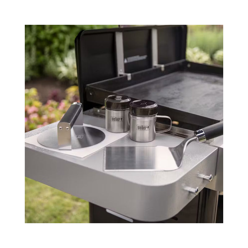 Weber Smashed Burger Set | Image Showing The Set On The Side Table of A BBQ Before Use.