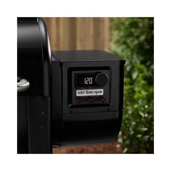 Black | Weber Smoque Pellet Smoker Image Showing Close Up View Of The Pellet Box And Display.