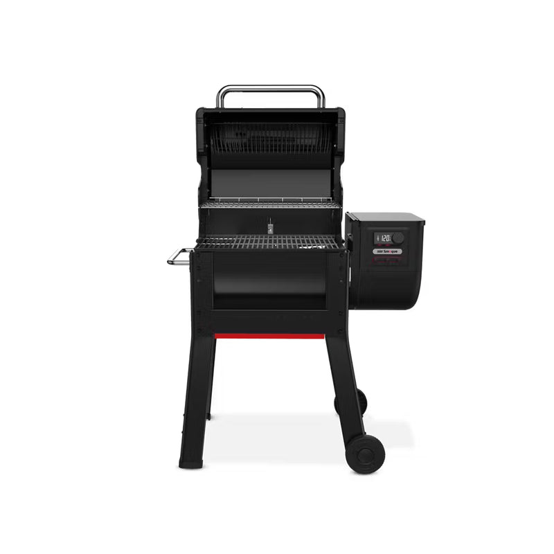 Black | Weber Smoque Pellet Smoker Image Showing Front View, With The Hood Up.