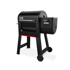 Black | Weber Smoque Pellet Smoker Image Showing Angled Side View Of Smoker.