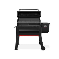 Black | Weber Smoque XL Pellet Smoker  Image Showing Front View With The Hood Up.