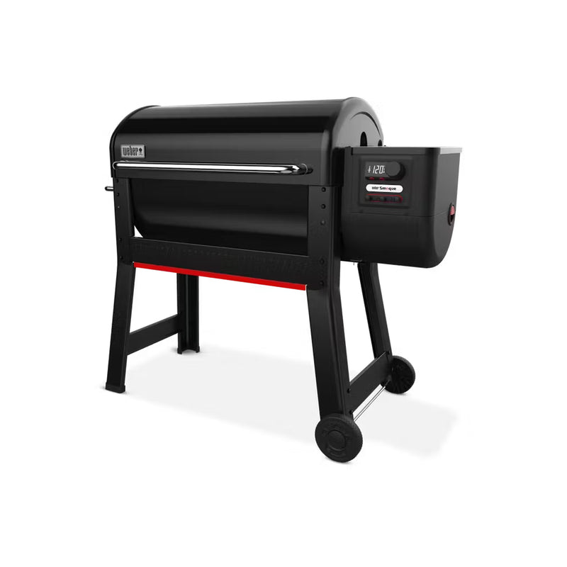 Black | Weber Smoque XL Pellet Smoker Image Showing Angled Side View.