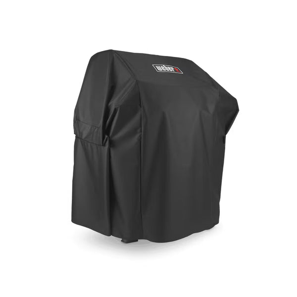 Black | Weber Spirit 3-Burner Premium Cover E-325 To Suit 200/300 And Spirit II 200 Image Showing Angled Side View.