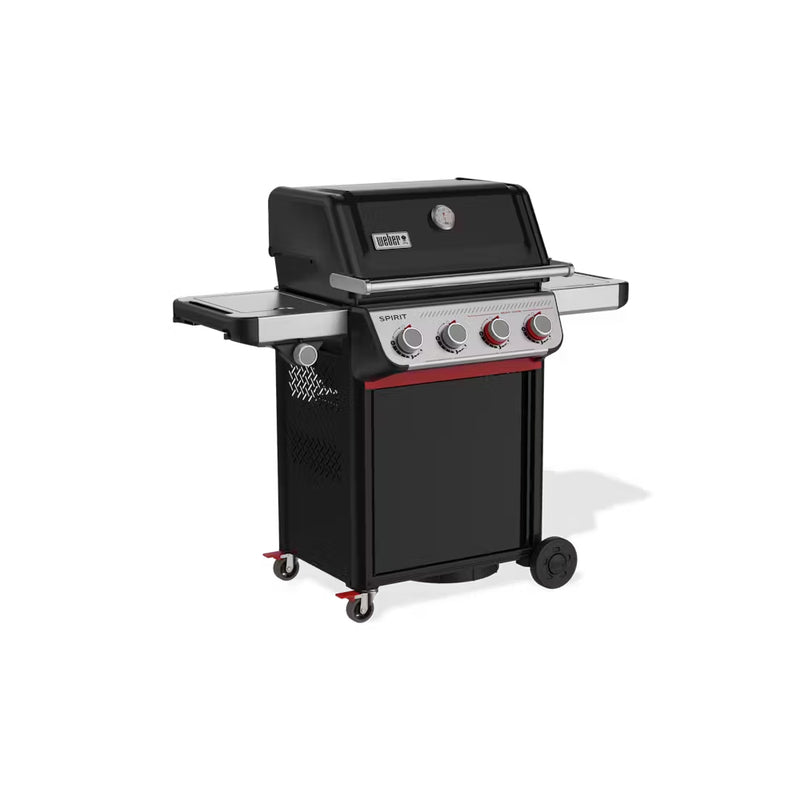 Black | Weber Spirt E-435 4 Burner Gas Barbecue Image Showing Angled Side View.