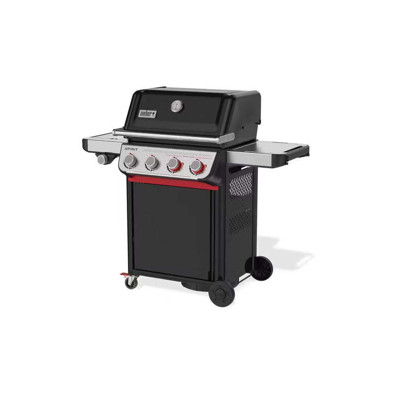 Black | Weber Spirt E-435 4 Burner Gas Barbecue Image Showing Angled Side View.