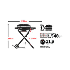 Black | Weber Traveler Compact Portable Gas BBQ Image Showing Specifications And Information On The Traveler.