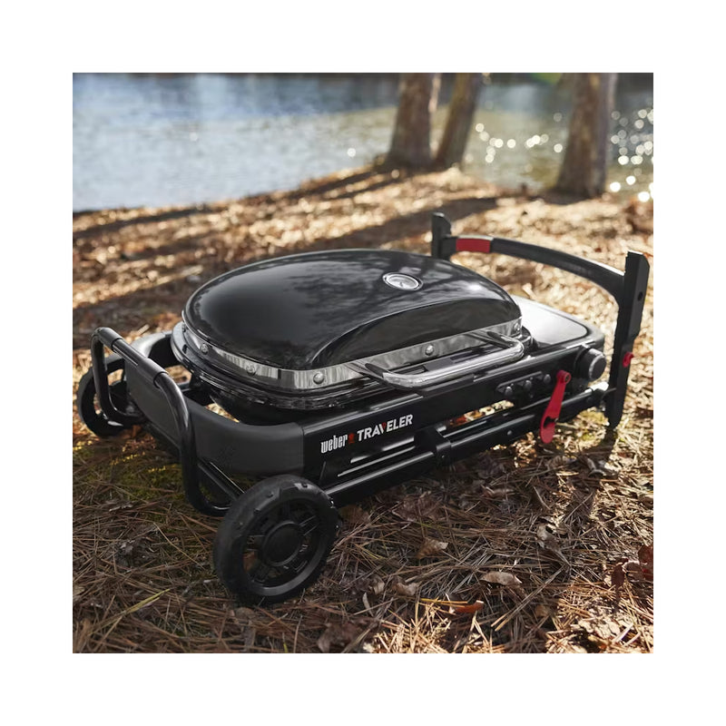 Black | Weber Traveler Compact Portable Gas BBQ Image Showing BBQ Packed Down For Transport And Storage.