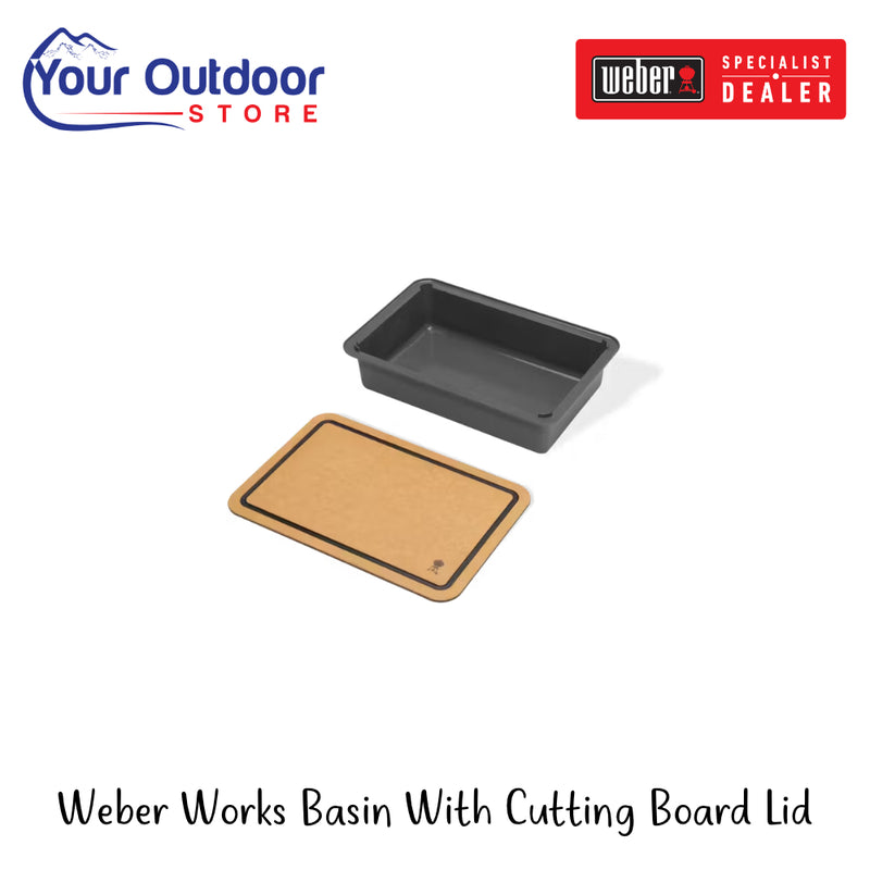 Weber Works Basin With Cutting Board Lid | Hero Image Showing All Logos And Titles.