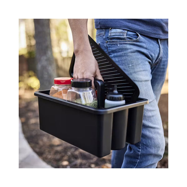 Black | Weber Works Caddy With Tray Lid Image Showing Caddy Full Of BBQ Utilities Being Carried To The BBQ Area. 