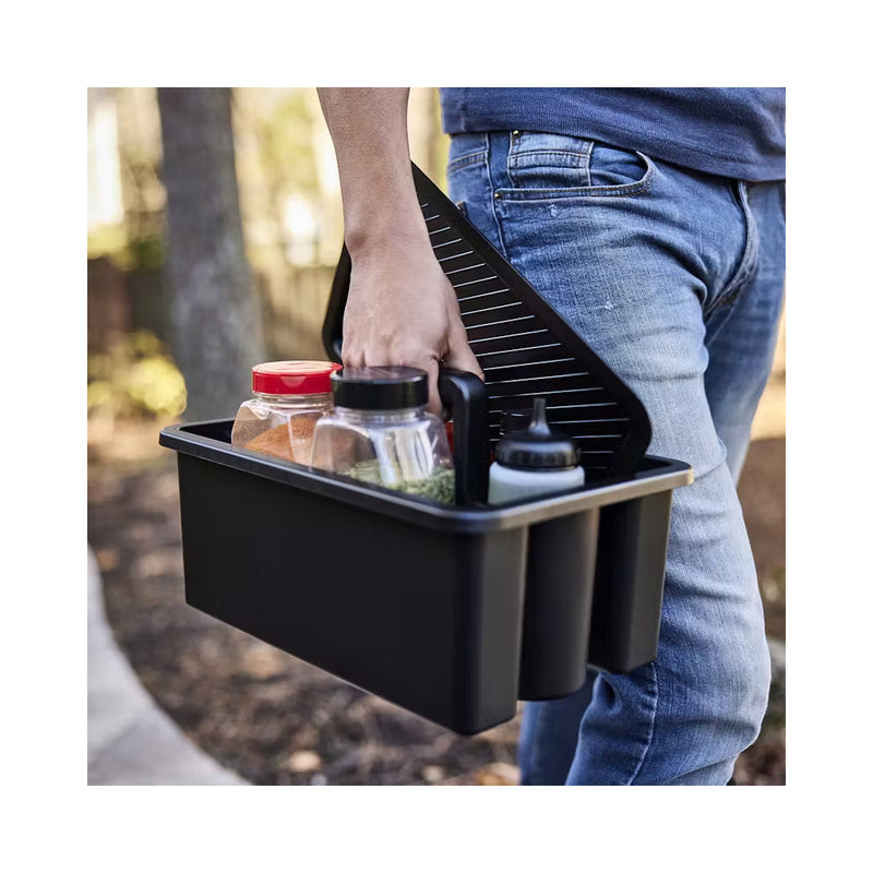 Black | Weber Works Caddy With Tray Lid Image Showing Caddy Full Of BBQ Utilities Being Carried To The BBQ Area. 
