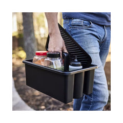 Black | Weber Works Caddy With Tray Lid Image Showing Caddy Full Of BBQ Utilities Being Carried To The BBQ Area. 