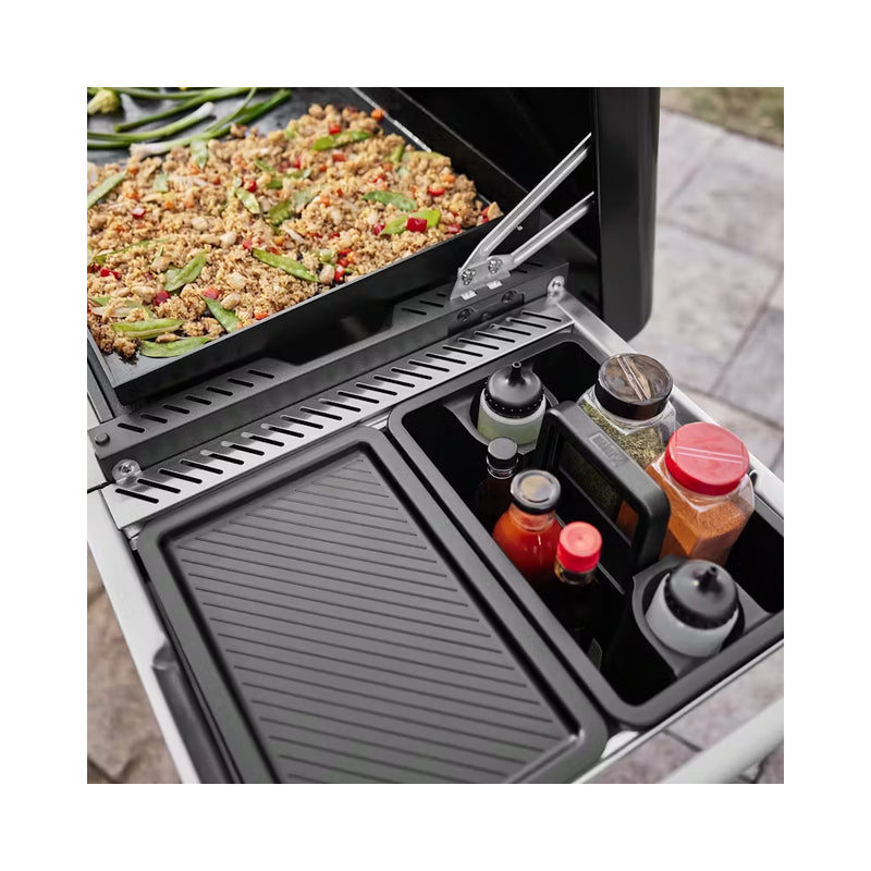 Black | Weber Works Caddy With Tray Lid Image Showing Caddy Full Of Spices, And Sauces , In a Weber Works Side Table.