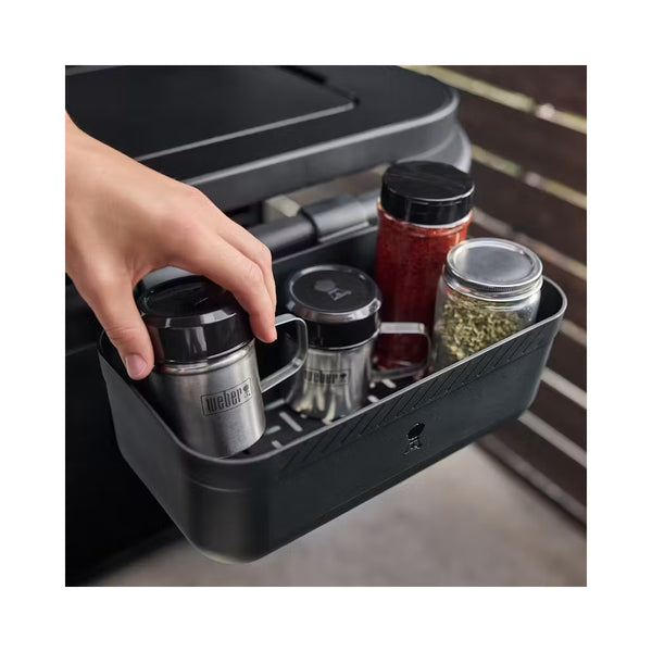 Black | Weber Works Condiment Holder Image Showing Angled Top View, With Condiments Inside.