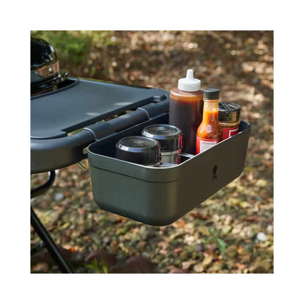 Black | Weber Works Condiment Holder Image Showing Angled Side View, With Condiments In The Holder.