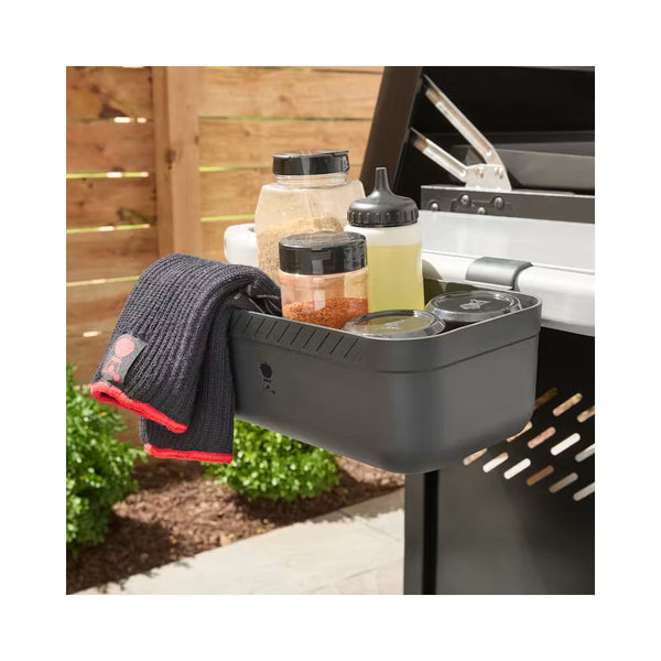 Black | Weber Works Condiment Holder Image Showing Angled Front View, With Condiments In The Holder.