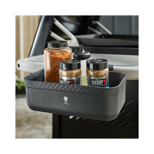 Black | WEber Works Condiment Holder Image Showing Side View With Condiments In The Holder.
