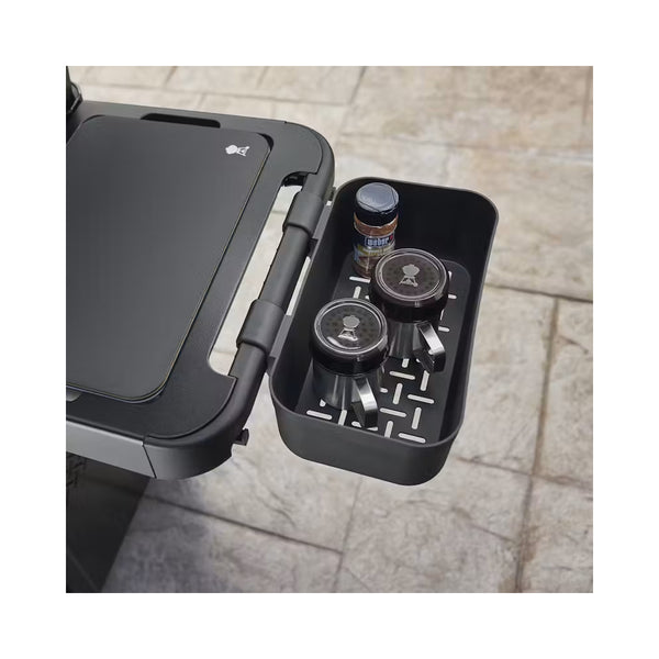 Black | Weber Works Condiment Holder Image Showing Top View With Three Condiments In The Holder.