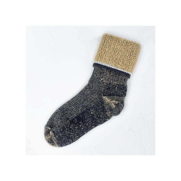 Natural / Black | Wilderness Wear Merino Yak Mountaineer Sock Image Showing Top Of Sock Rolled Down To Show The Inside Of The Sock.