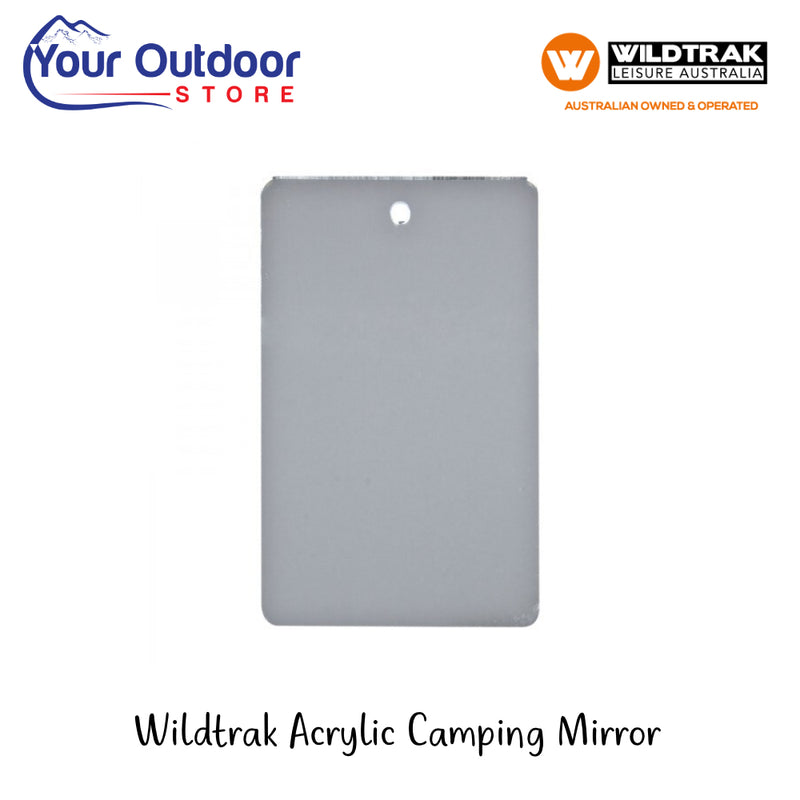 Wildtrak Acrylic Camping Mirror | Hero Image Showing Logos And Titles.