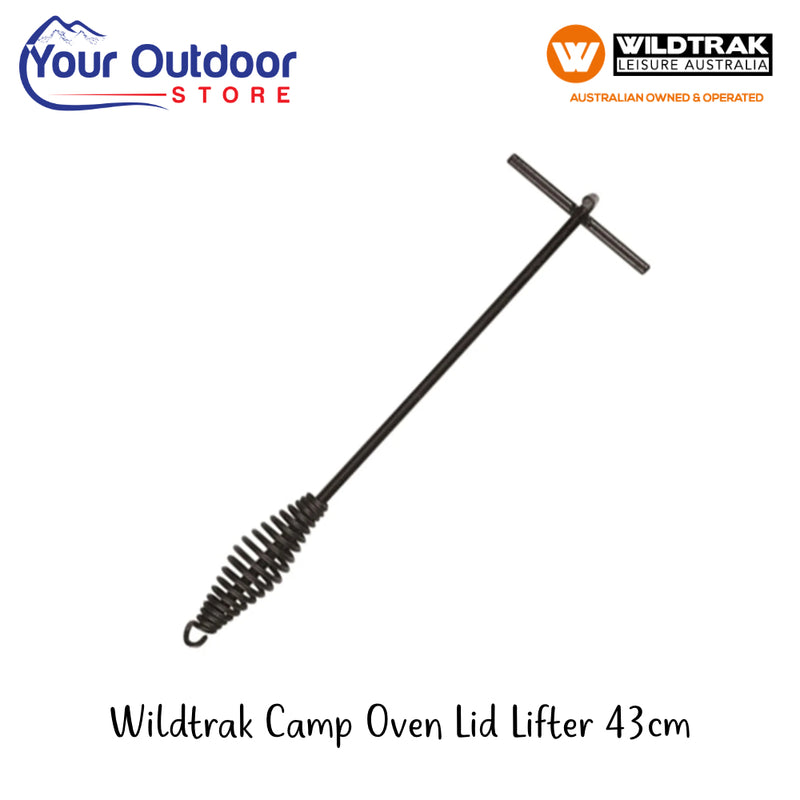 Wildtrak Camp Oven Lid Lifter 43cms | Hero Image Showing Logos And Titles.