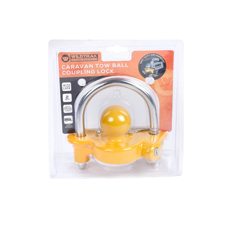 Wildtrak Caravan Tow Ball Coupling Lock | Image Showing Lock In Packaging.