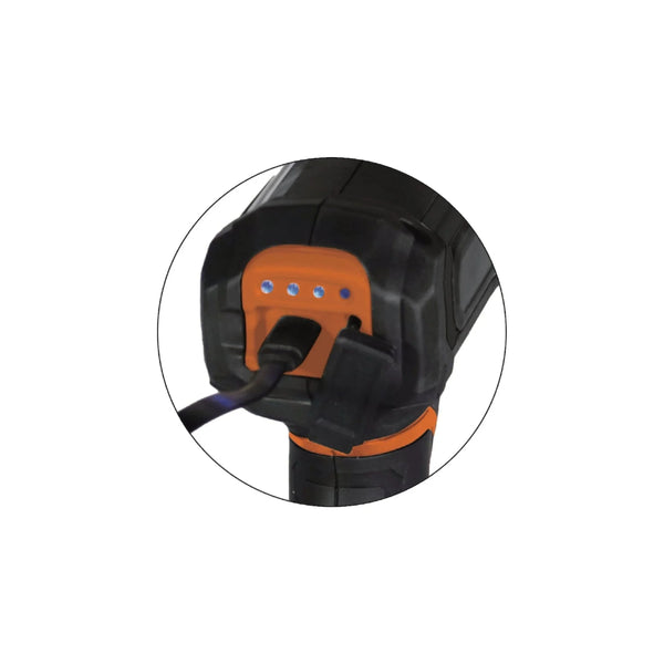 1400L | Wildtrak Croc Hunter 1400L Rechargeable Spotlight Image Showing Close Up Of The Charging Port And The LED Batter Indicator.