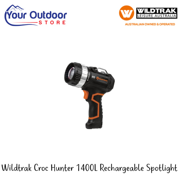 Wildtrak Croc Hunter 1400L Rechargeable Spotlight | Hero Image Showing All Logos And Titles.