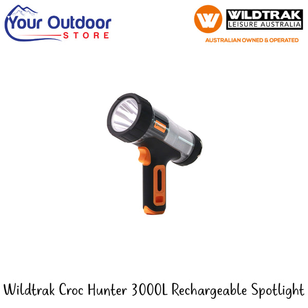 Wildtrak Croc Hunter 3000L Rechargeable Spotlight | Hero Image Showing All Logos Or Titles.