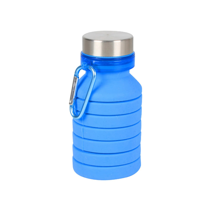 Blue | Wildtrak Expanda Water Bottle 550ml Image Showing Bottle Not Expanded, With Carabiner In View. 