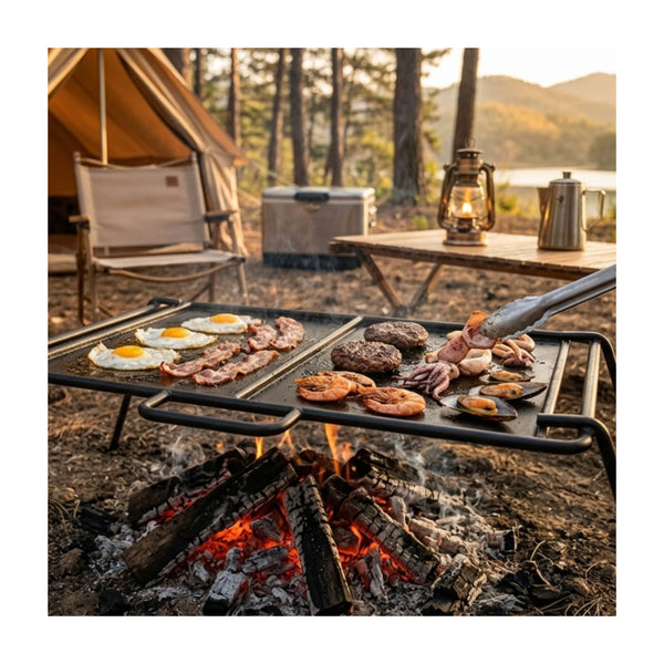 61.5 x 42 | Wildtrak Flat Plate Camp Cooker Image Showing Food Being Cooked On The Flat Plate Cooker.