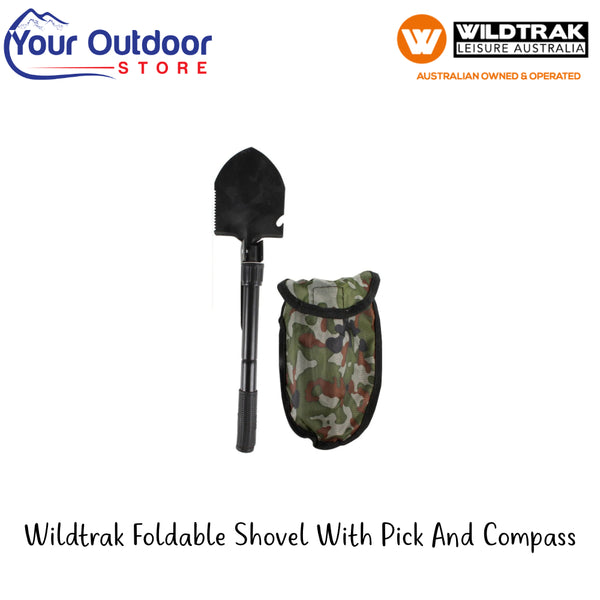 Wildtrak Foldable Shovel With Pick And Compass | Hero Image Showing All Logos Or Titles.