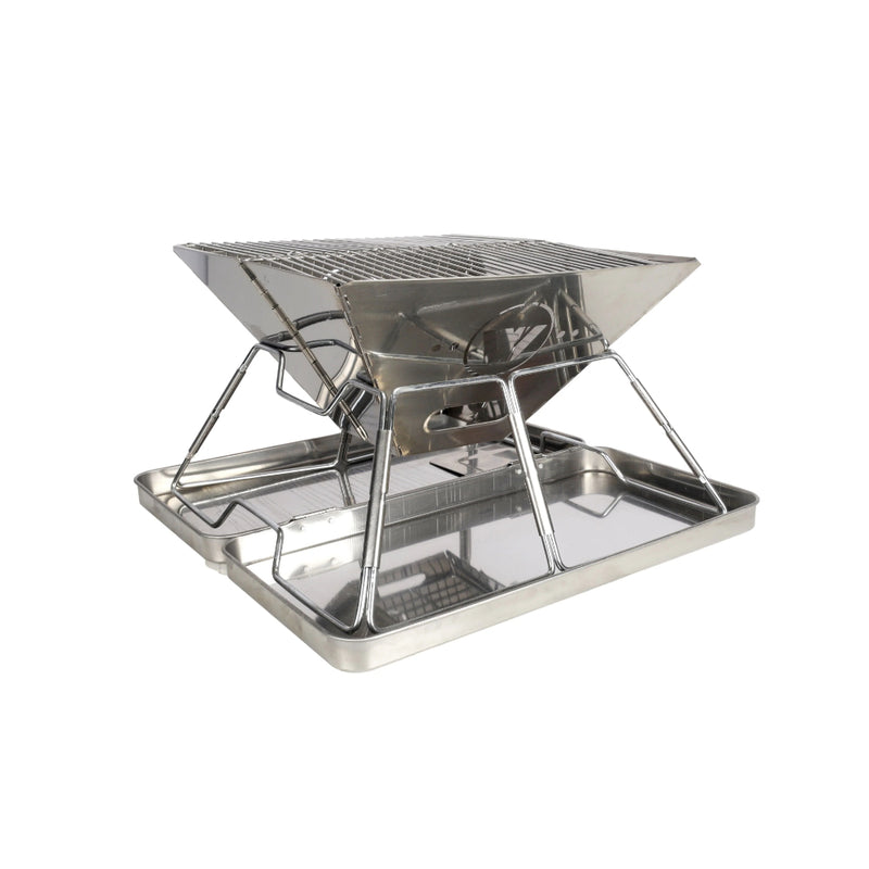 Stainless Steel | Wildtrak Frontier 360 Folding BBQ Firepit Image Showing Angled View Of the Legs And Stand.