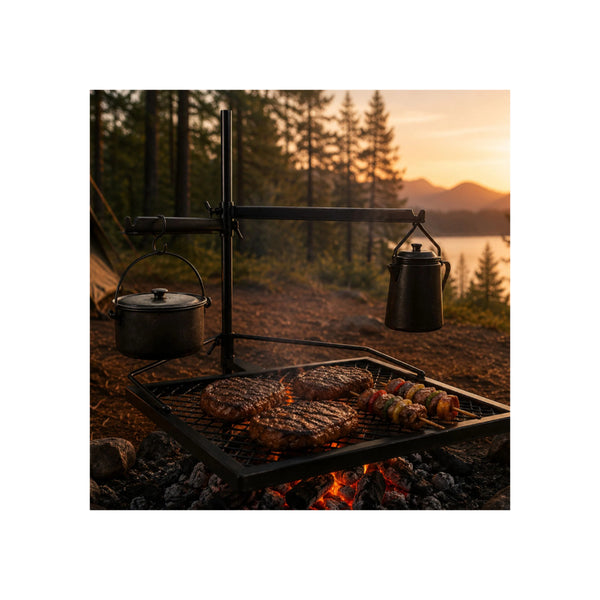 70 x 60 x 40 | Wildtrak Frontier Grill Image Showing The Grill Being Used T Cook Food And To Hang A Billy And A Pot Off Of The Adjustable Arms.