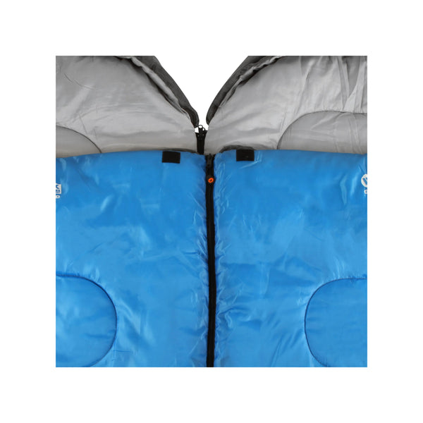 Blue | Wildtrak Gascoyne Hooded Sleeping Bag Twin Pack Image Showing Close Up View Of The Two Sleeping Bags Zipped Together.