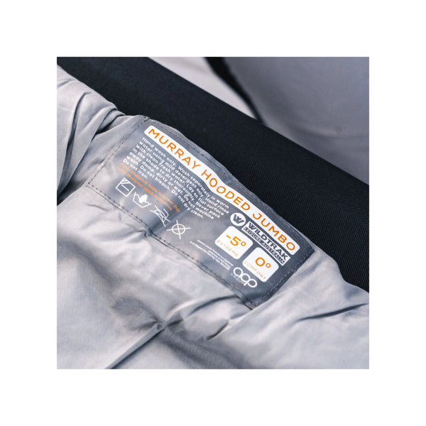 Grey | Wildtrak Murry Hooded Jumbo Sleeping Bag  -5 Image Sowing Close Up View f The Inner Information Tag.