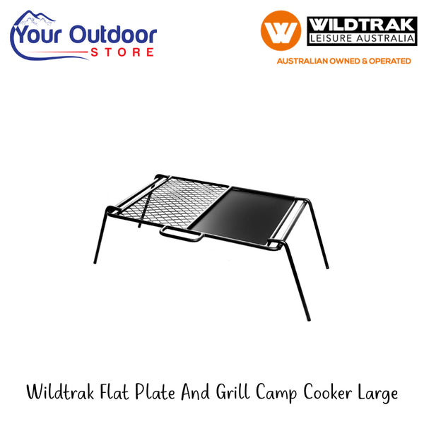 Wildtrak Flat Plate And Grill Camp Cooker Large | Hero Image Showing All Logos And Titles.