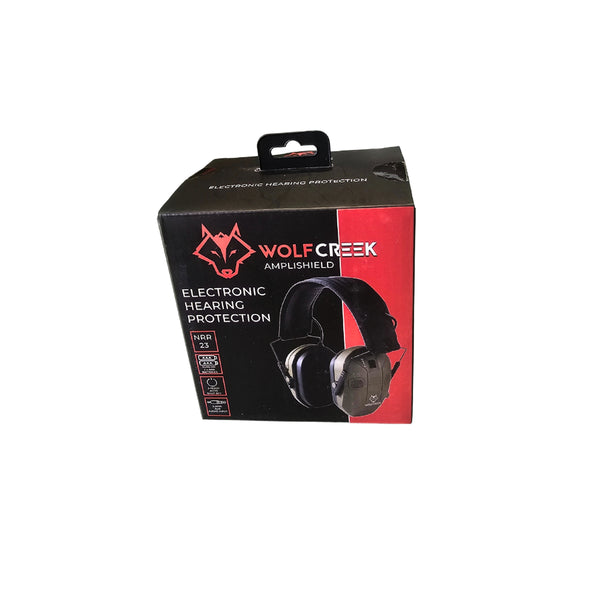 Black / Olive | Wolf Creek Electronic Earmuffs Image Showing Earmuffs In Packaging.