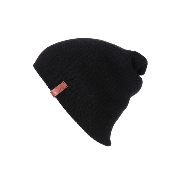 Black | XTM Adult Crimp Reversible Beanie - Showing Leather XTM Tag.
