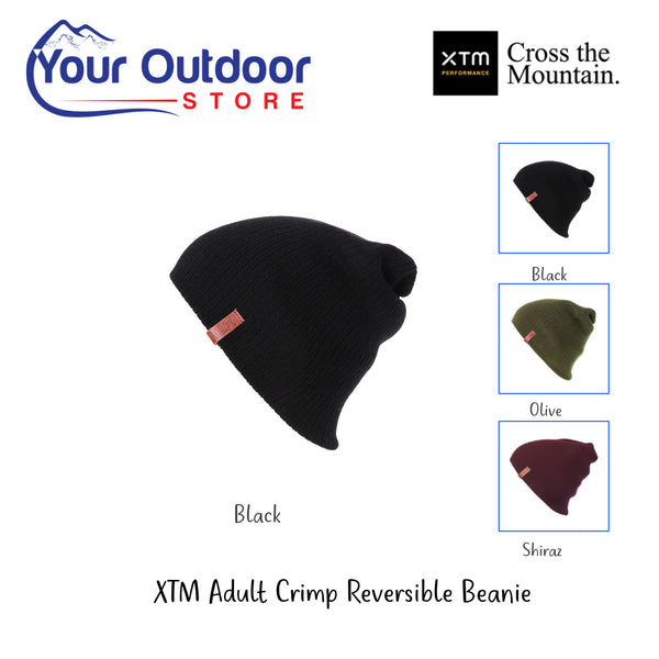 XTM Adult Crimp Reversible Beanie. Hero Image Showing Logos and Title. 