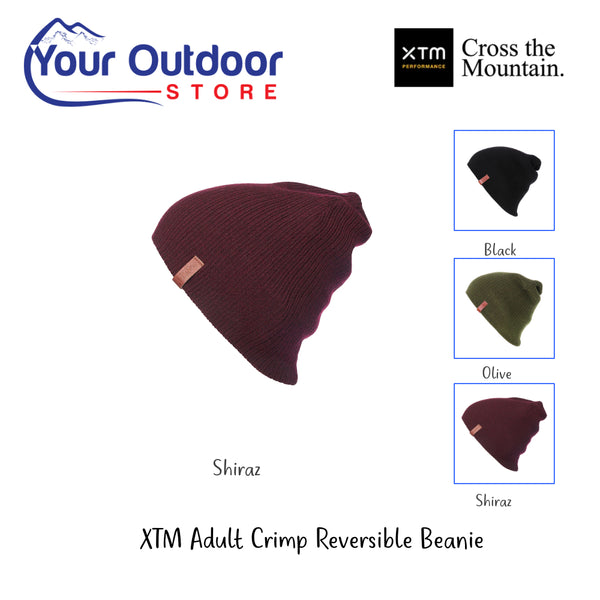 XTM Adult Crimp Reversible Beanie. Hero Image Showing Logos and Title. 