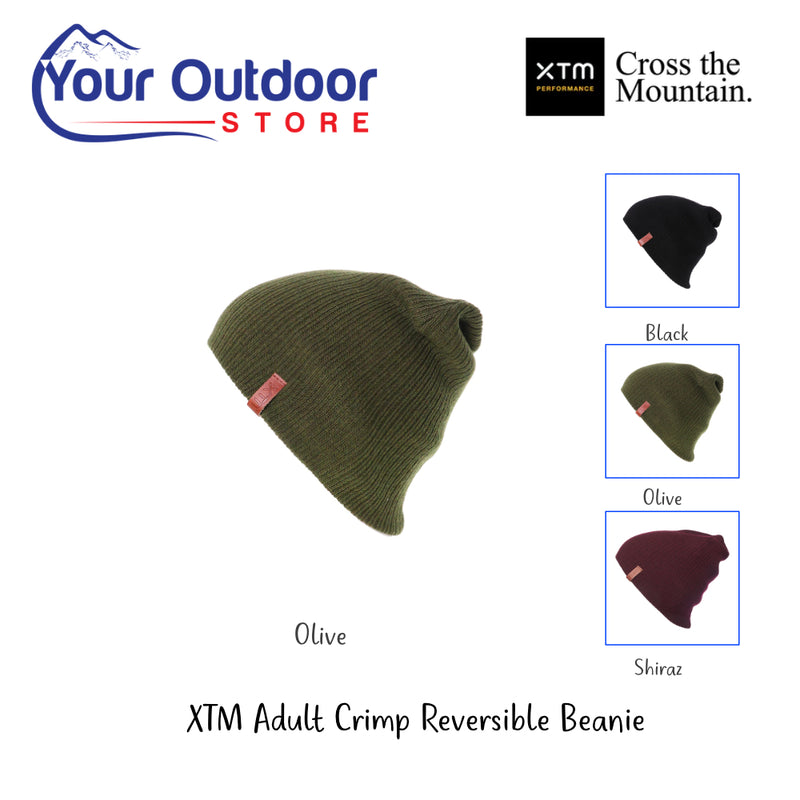 XTM Adult Crimp Reversible Beanie. Hero Image Showing Logos and Title. 