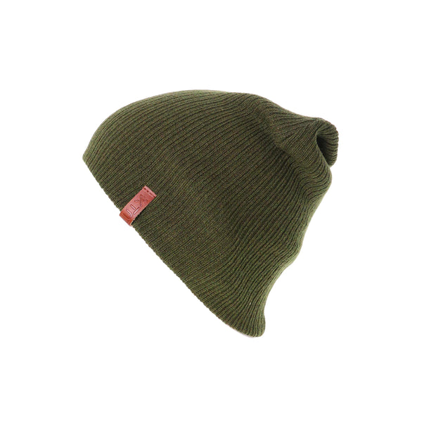 Olive | XTM Adult Crimp Reversible Beanie - Showing Leather XTM Tag.