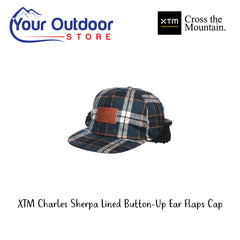 XTM Charles Sherpa Lined Button-Up Ear Flaps Cap. Hero Image Showing Logos and Title. 
