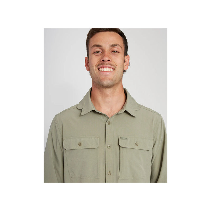 Khaki | XTM Dunkeld Ls Hike Shirt Image Showing Chest View Collar Down.