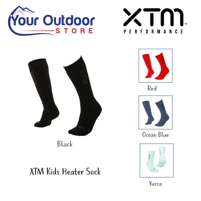 XTM Kids Heater Socks. Hero Image Showing Logos, Variants and Title.
