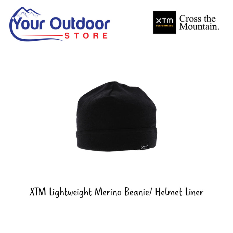XTM Lightweight Merino Beanie / Helmet Liner. Hero Image Showing Logos and Title. 