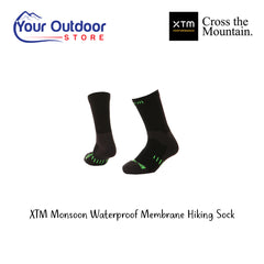 XTM Monsoon Waterproof Membrane Hiking Sock. Hero Image Showing Logos and Title. 